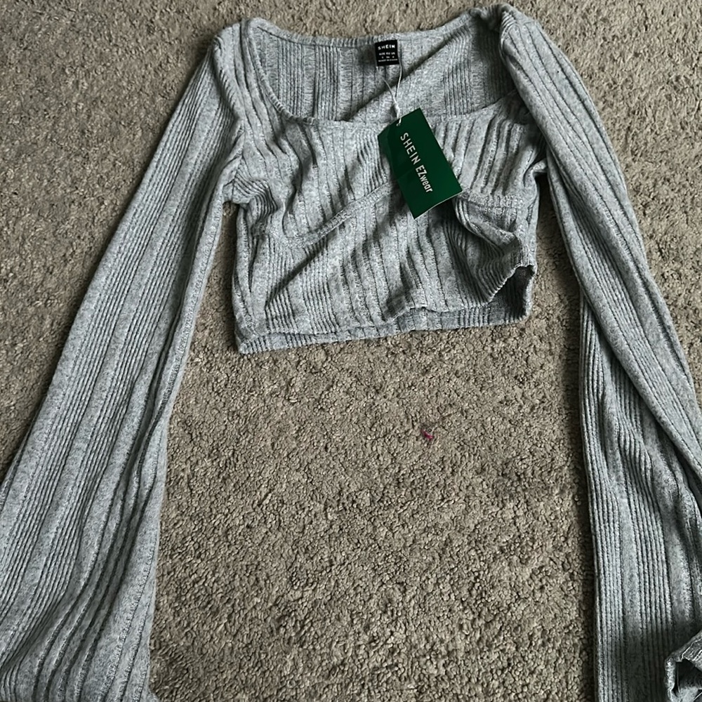 Grey Cropped Long Sleeve Top